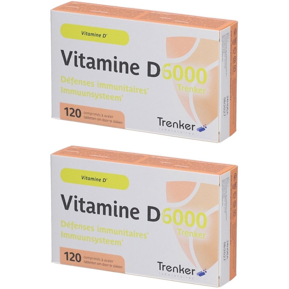 Twee dozen met 'Vitamine D6000'. Opschrift '120'. Merk 'Trenker'.