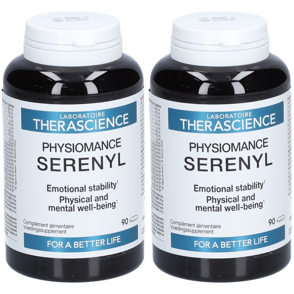 Deux flacons de Physiomance Serenyl. Flacons noirs avec couvercles et étiquettes blanches. Inscription : Therascience, Serenyl, 90 capsules.