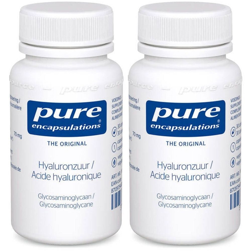 Twee witte flessen met capsules. Opschrift: pure encapsulations, Hyaluronzuur, Acide hyaluronique. Blauwe dop en etiket.