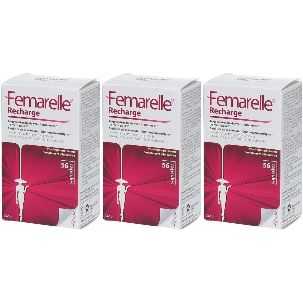 Trois boîtes Femarelle Recharge. Emballage blanc avec bande rouge. Inscription: Femarelle Recharge, 56 capsules. Illustration d'une femme.