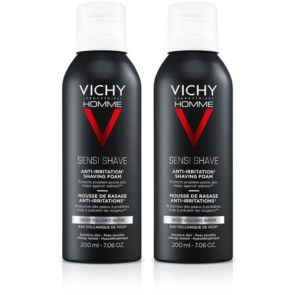 Twee zwarte flessen met witte dop. Opschrift: VICHY HOMME, SENSI SHAVE, anti-irritatie scheerschuim. 200 ml.