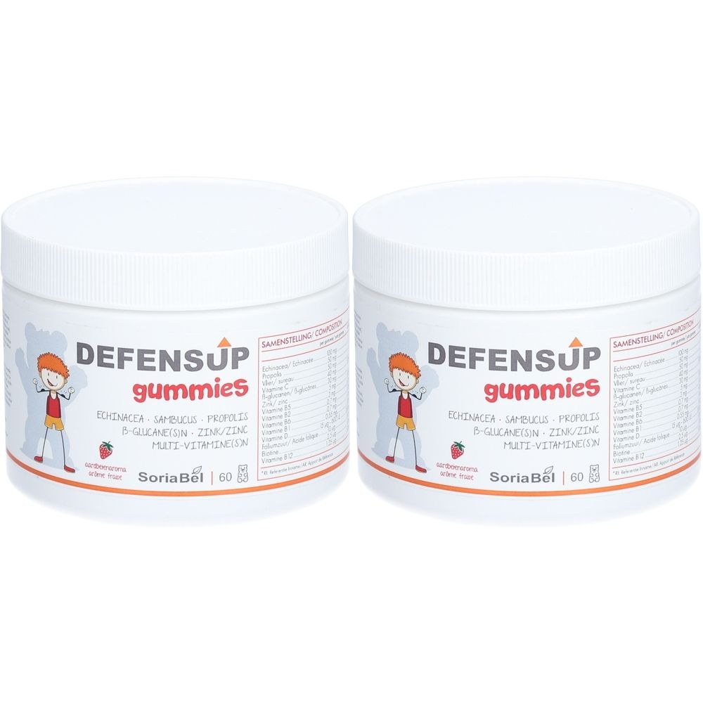 Twee witte potten met opschrift DEFENSUP gummies. Opschrift: Echinacea, Sambucus, Propolis, Zink, Multi-vitaminen. Merk: SoriaBel.