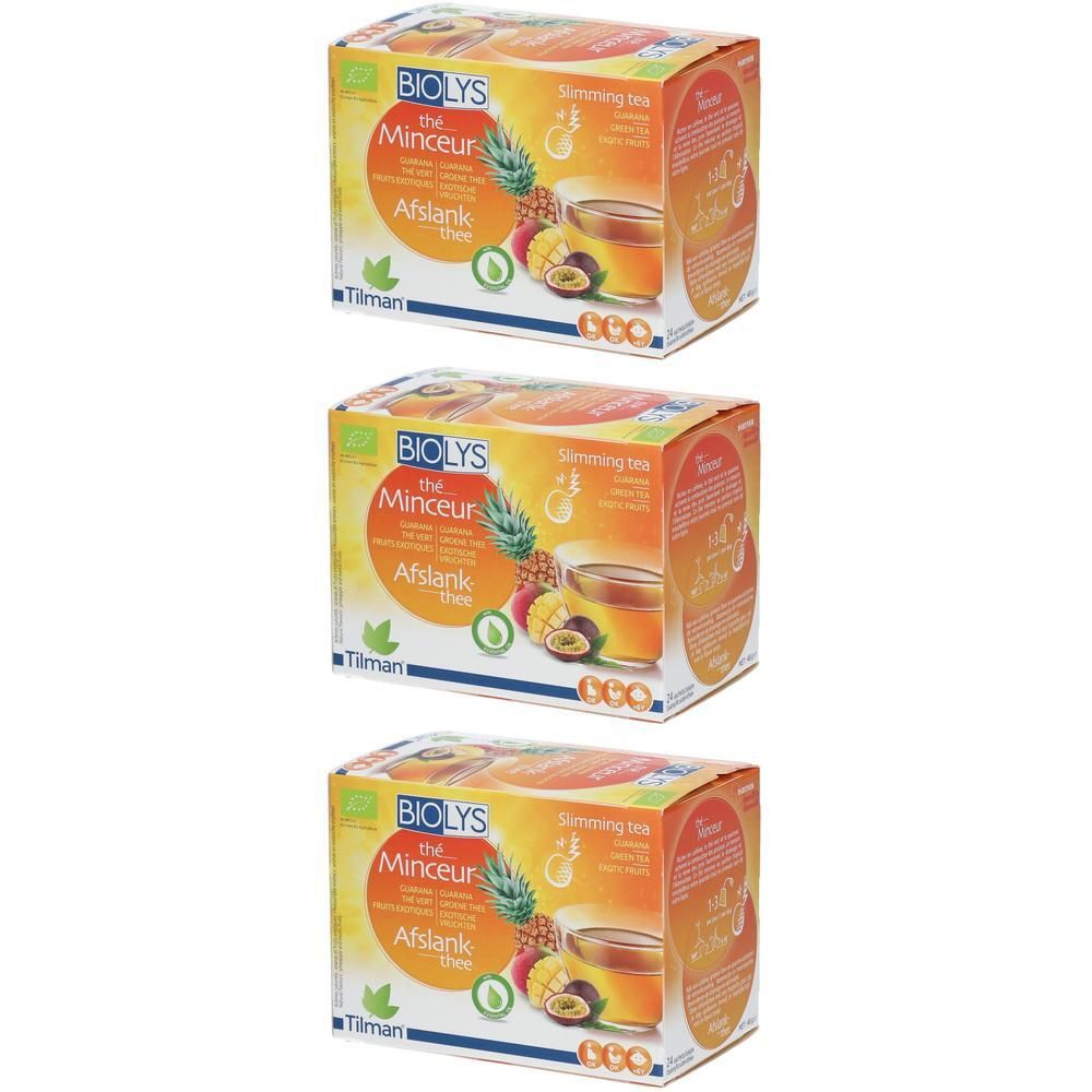 Drie dozen Biolys Thé Minceur, met illustraties van ananas en passievrucht. Opschrift: Afslank thee.