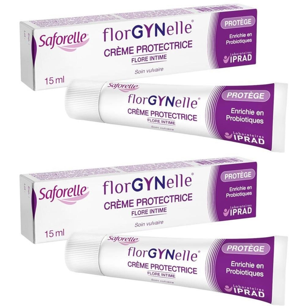 Drie tubes en dozen van Saforelle florGYNelle Crème Protectrice. Witte tubes met paarse accenten en tekst. 15 ml.