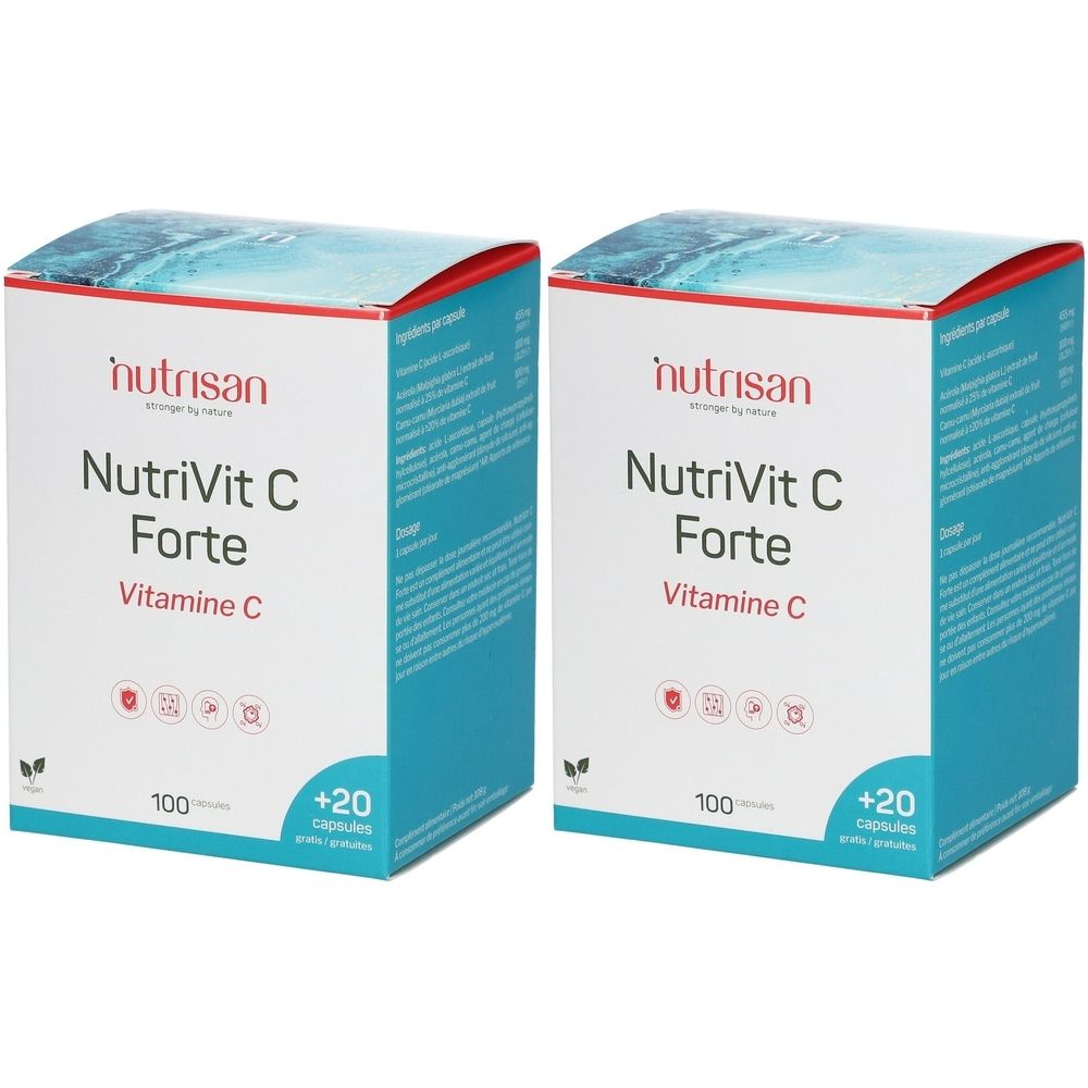 Deux boîtes Nutrisan NutriVit C Forte. Inscription : Vitamine C, 100 + 20 capsules. Blanc, bleu et rouge. Marque Nutrisan.