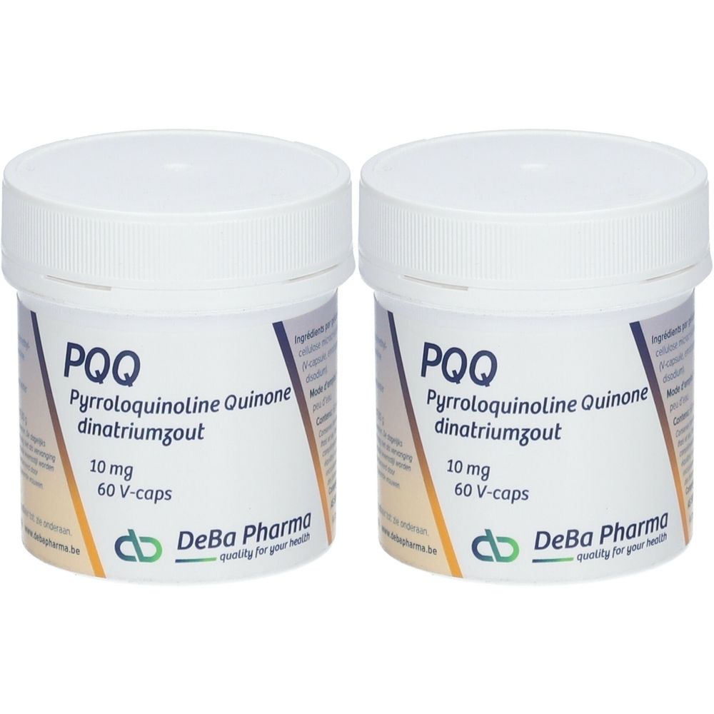 Deux pots blancs avec couvercles. Inscription PQQ, Pyrroloquinoline Quinone dinatriumzout, 10 mg, 60 V-caps. Marque DeBa Pharma.