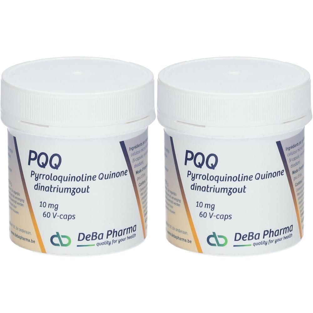 Deux pots blancs avec couvercles. Inscription PQQ, 10 mg, 60 V-caps. Marque Deba Pharma.