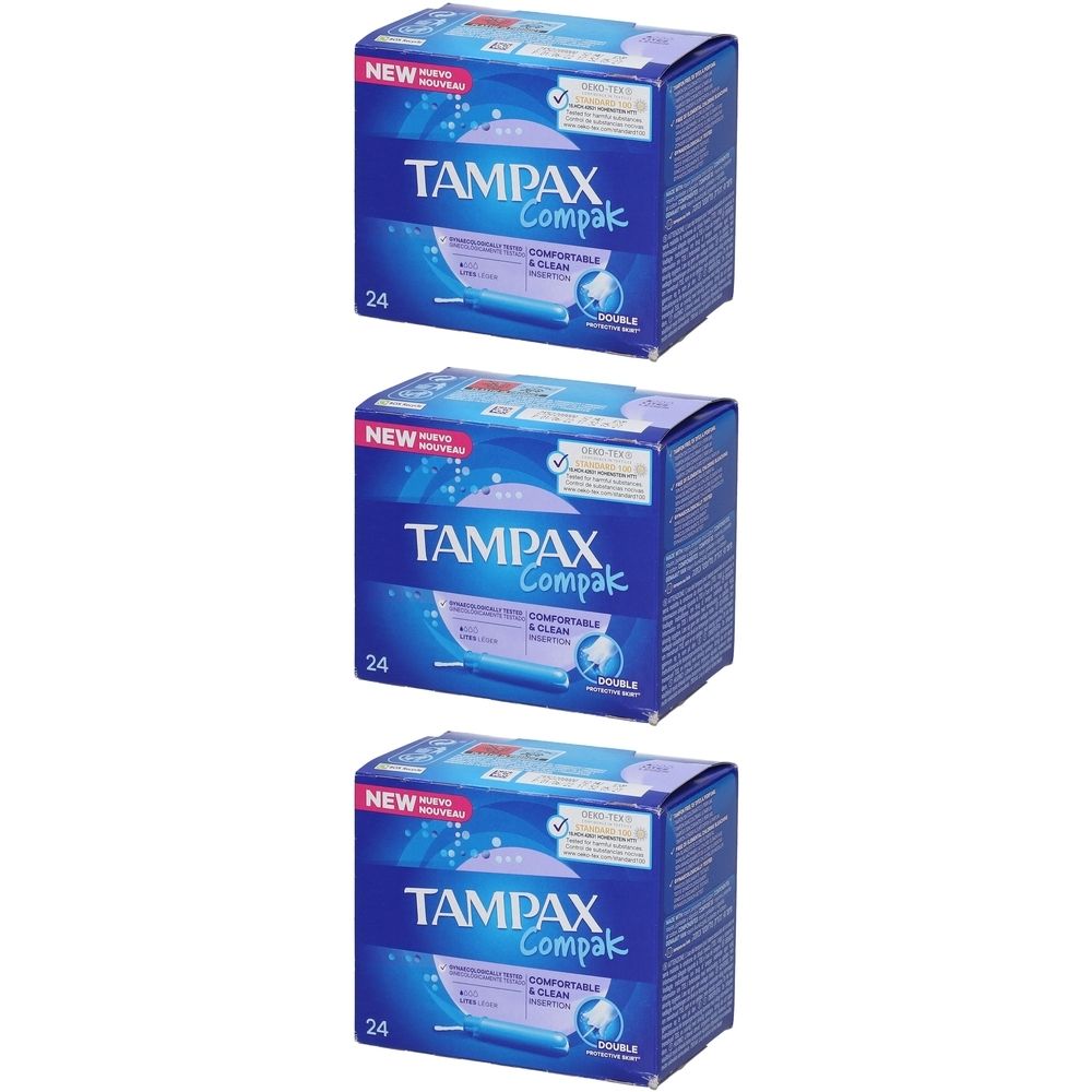 Drie dozen Tampax Compak. Blauwe verpakking met productnaam, 'NEW' en '24'.