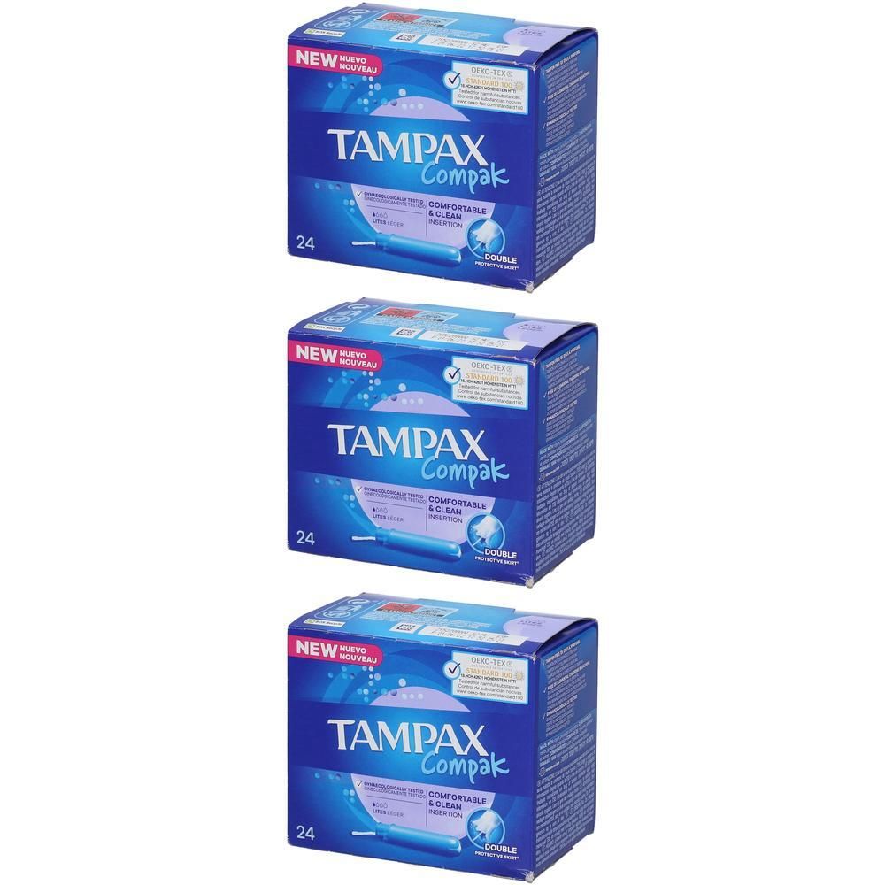 Trois boîtes TAMPAX Compak bleues, avec informations produit et inscription "24".