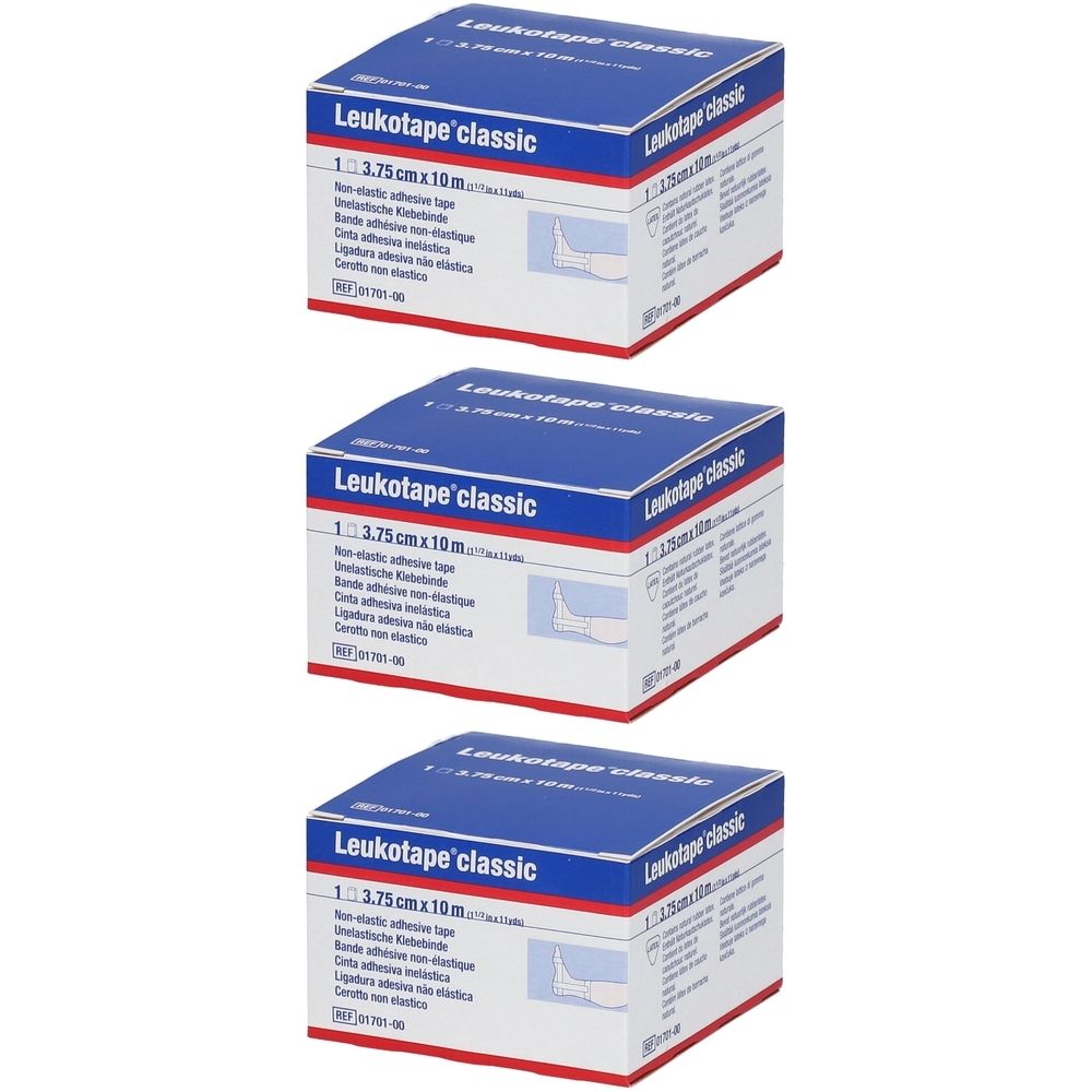Drie dozen met blauwe deksels. Op elke doos staat "Leukotape classic" en productinformatie. Afmetingen: 3,75 cm x 10 m.