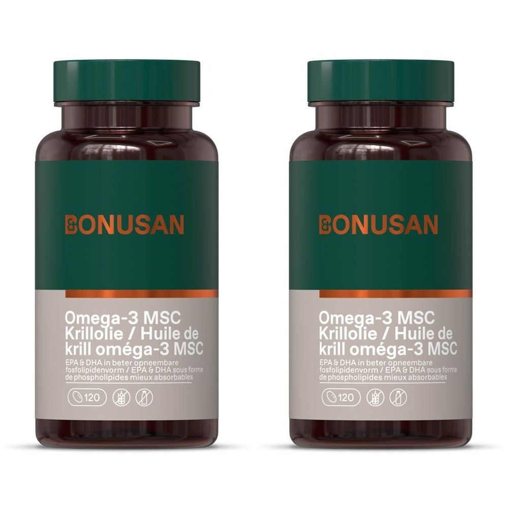 Twee flessen BONUSAN Omega-3 MSC. Opschrift: Krillolie. Groene doppen en etiketten met productinformatie.