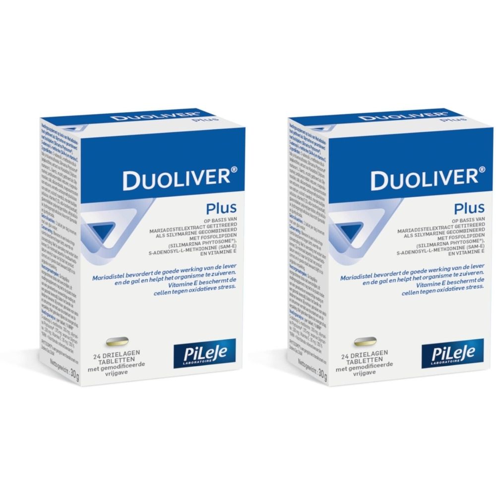 Deux boîtes de Duoliver Plus. Emballage bleu et blanc avec nom et logo du produit. Contient 24 comprimés.