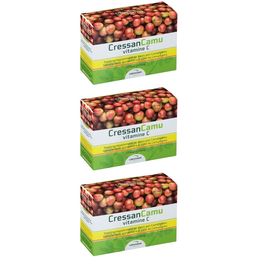 Trois boîtes de produit. Inscription : Cressana Camu vitamine C. Emballage vert et jaune avec illustration de fruits rouges.
