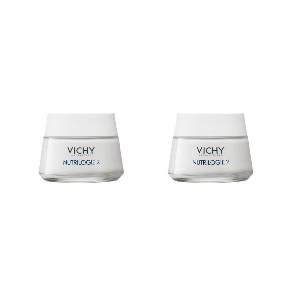Twee crèmetiegels met witte deksels. Opschrift: Vichy Nutrilogie 2. Glazen potten met schuine zijkanten.
