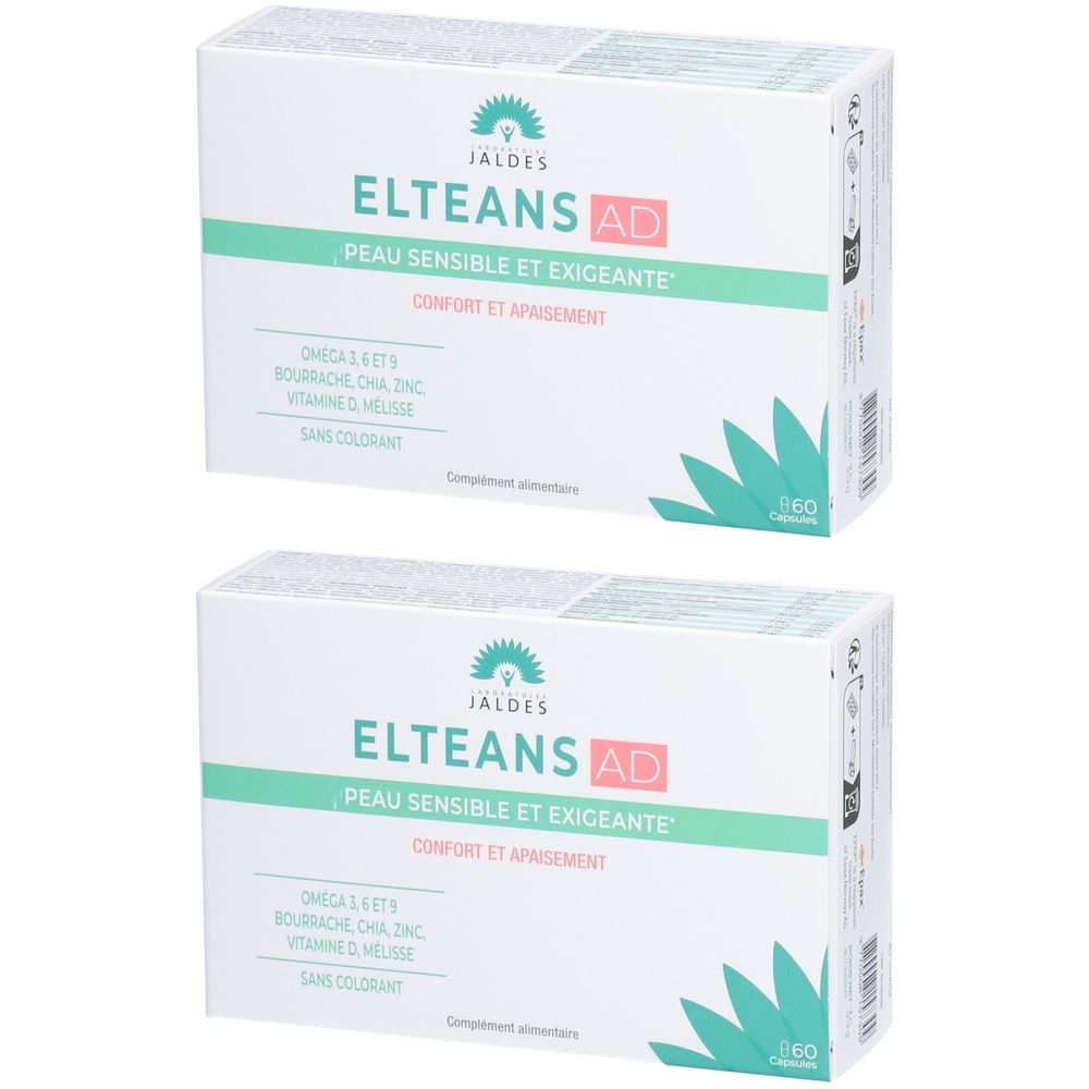 Twee witte dozen met de tekst "ELTEANS AD". Tekst: "Peau sensible et exigeante", "Confort et apaisement". Bevat 60 capsules.
