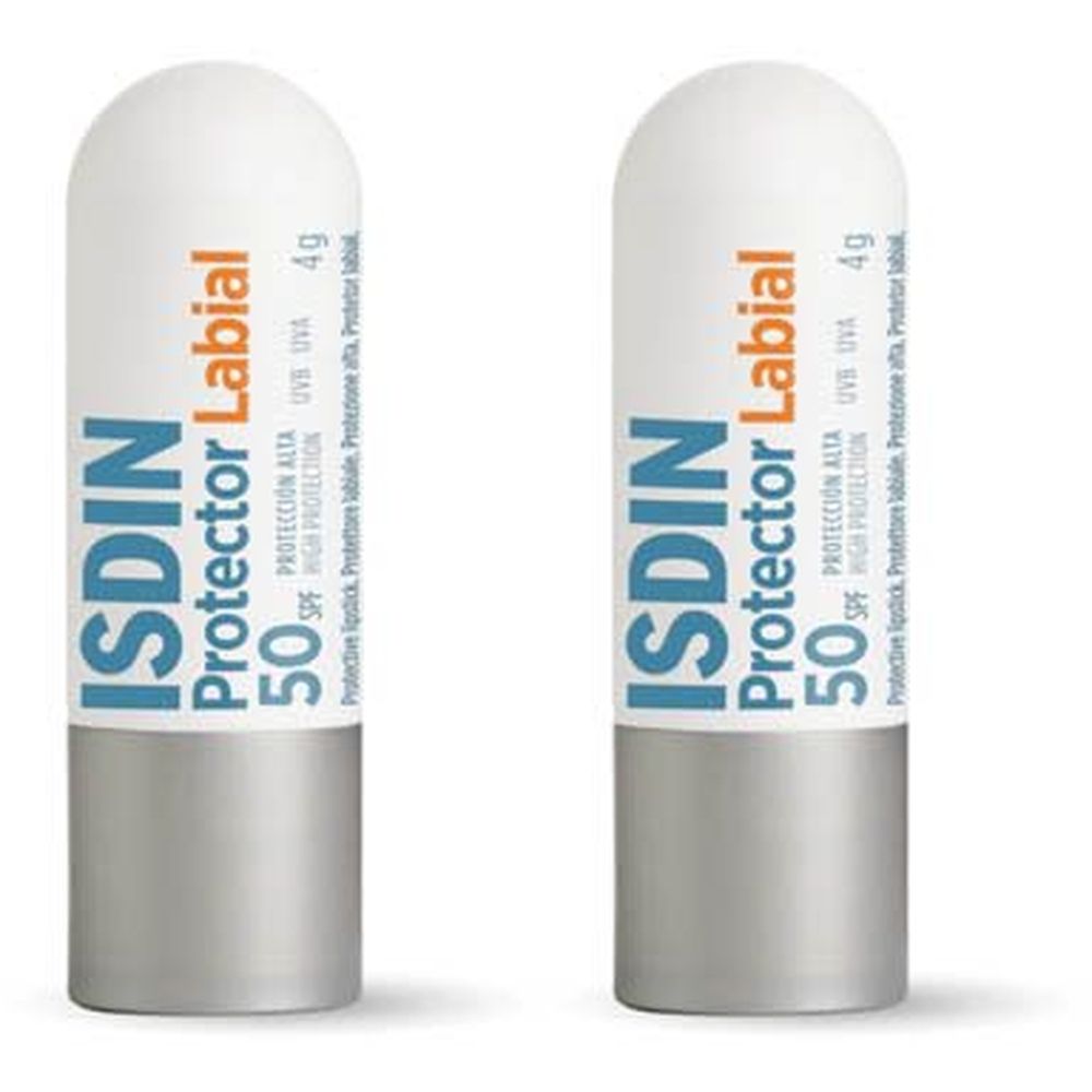 Deux sticks à lèvres. Étui blanc et argenté avec texte orange: ISDIN Protector Labial 50 SPF. 4g.
