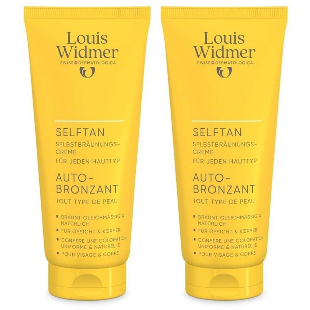 Deux tubes jaunes de Louis Widmer Autobronzant. Inscription: Selftan, crème autobronzante, pour tous types de peau. Pour visage et corps.