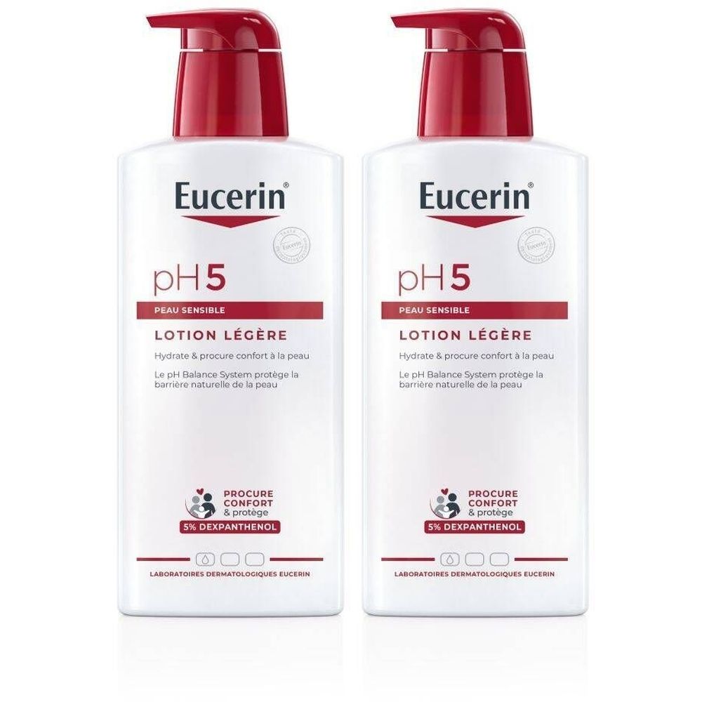Twee flessen Eucerin pH5 Light Lotion met rode pompdeksel. Opschrift: pH5, Light Lotion, Eucerin.