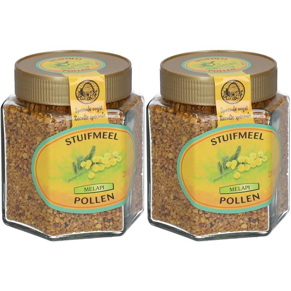 Twee potten stuifmeel. Zeshoekige potten met gouden deksels en etiketten. Opschrift: Stuifmeel, Pollen.