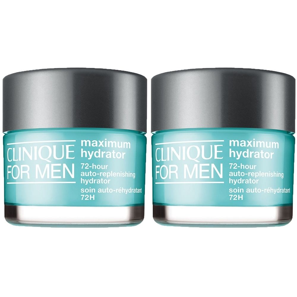 Twee potten Clinique for Men Maximum Hydrator. Turquoise potten met zilveren deksels. Opschrift: Maximum Hydrator, 72H.