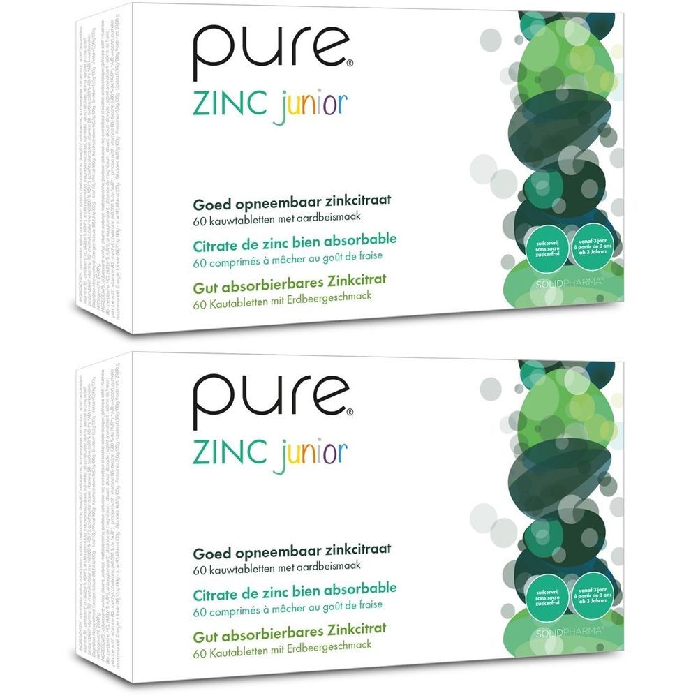 Twee dozen Pure ZINC junior. Opschrift: Goed opneembaar zinkcitraat, 60 kauwtabletten met aardbeiensmaak. Groen-witte verpakking.