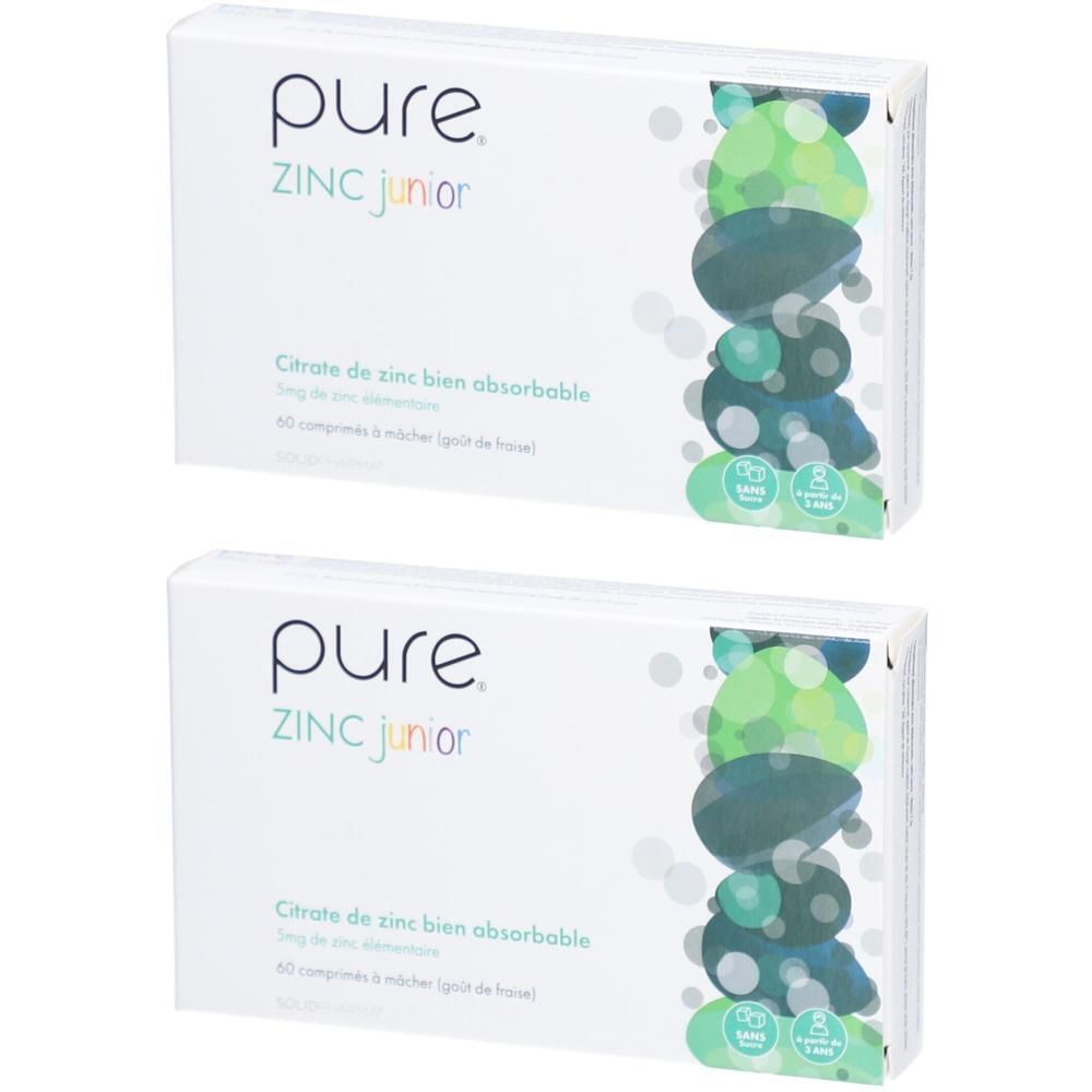 Twee witte dozen met "pure ZINC junior" logo. Opschrift: Citrate de zinc bien absorbable. 60 comprimés à mâcher.