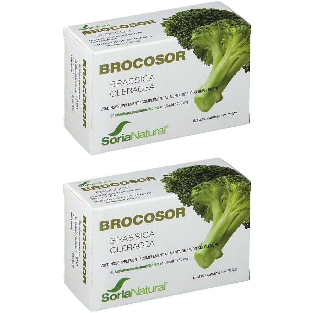 Twee witte dozen met de productnaam BROCOSOR en een afbeelding van broccoli. De merknaam Soria Natural is zichtbaar.