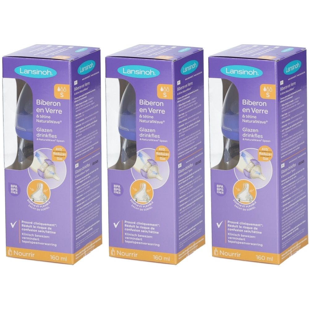 Drie verpakkingen Lansinoh glazen flessen met speen. Paarse verpakking met productafbeelding en tekst. Zichtbaar: BPA-vrij, 160 ml.