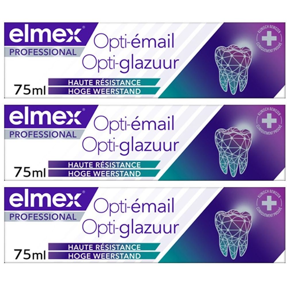 Drie tubes Elmex Opti-email Professionnel tandpasta. Paarse en witte verpakking. Tekst: Opti-glazuur, Hoge weerstand. 75 ml.
