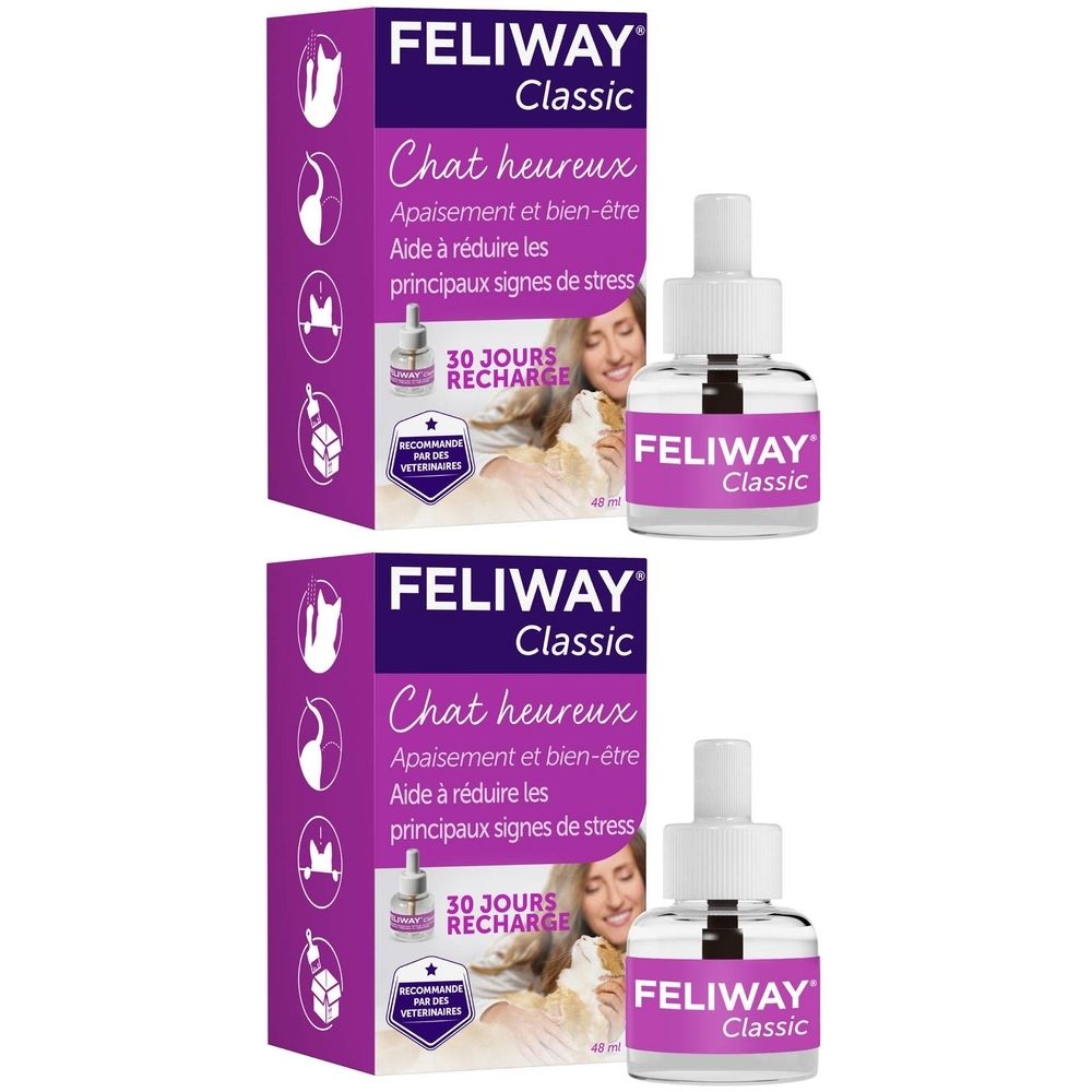 Feliway Classic Recharge. Flacon et emballage. 30 jours. Pour chats. Violet et blanc.