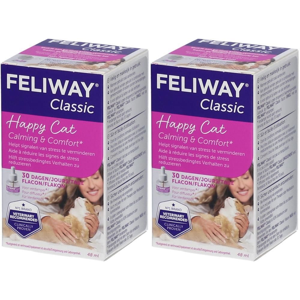Deux boîtes Feliway Classic. Inscription: Happy Cat, Calming & Comfort. Image d'un chat et d'une femme.