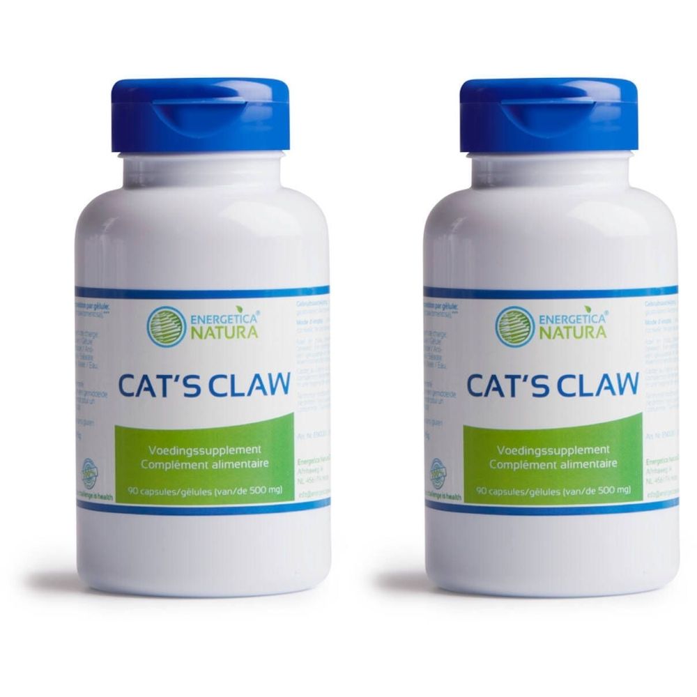 Twee witte flessen met blauwe doppen. Opschrift: CAT'S CLAW. Groen-wit etiket met tekst. Merk: Energetica Natura.