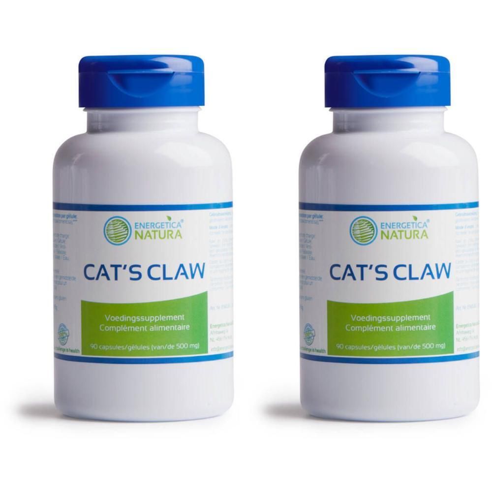 Twee witte flessen met blauwe doppen. Opschrift: CAT'S CLAW, ENERGETICA NATURA. 90 capsules, 500 mg.