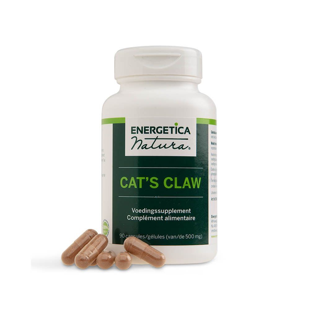 Un flacon blanc de capsules de griffe du chat ENERGETICA NATURA et quatre gélules devant.