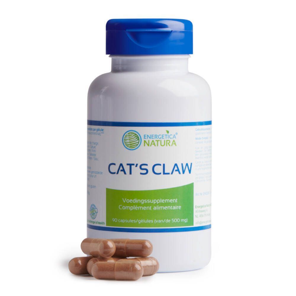 Witte fles met blauwe dop. Opschrift: CAT'S CLAW, ENERGETICA NATURA. 90 capsules, 500 mg. Capsules ernaast.