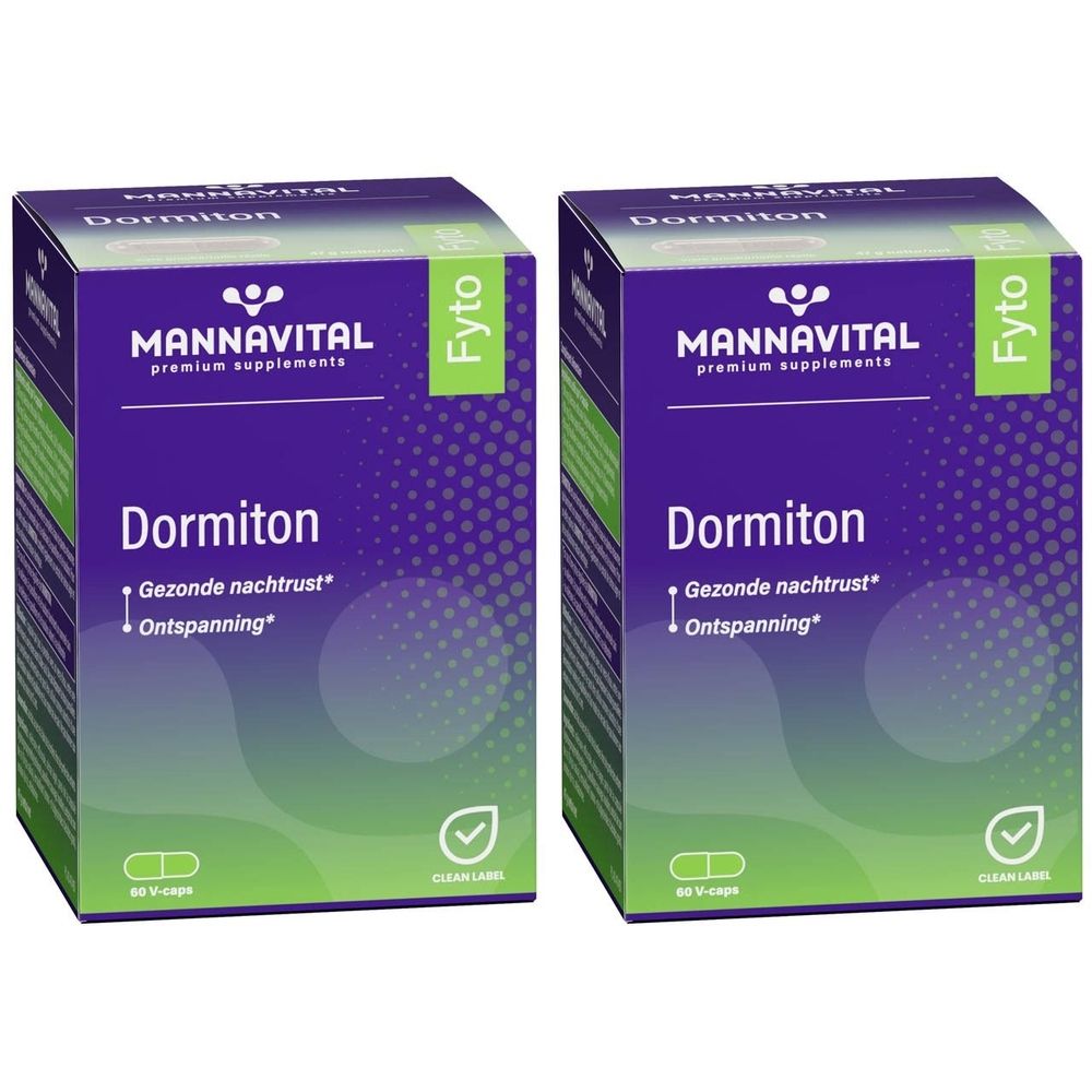 Twee dozen Mannavital Dormiton. Opschrift: Dormiton, Gezonde nachtrust, Ontspanning. Met Fyto-label en Clean Label.