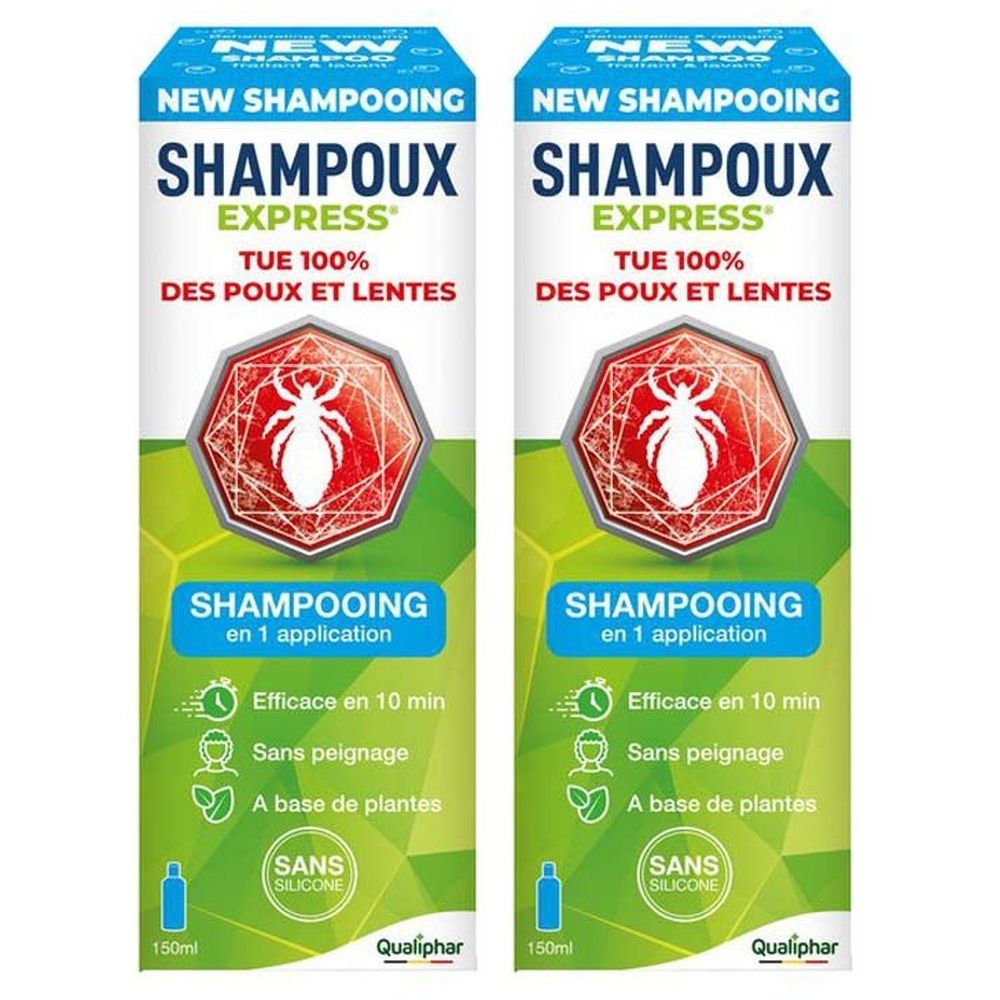 Deux boîtes de Shampoux Express Shampooing. Texte blanc sur fond bleu et vert. Emblème rouge avec insecte.