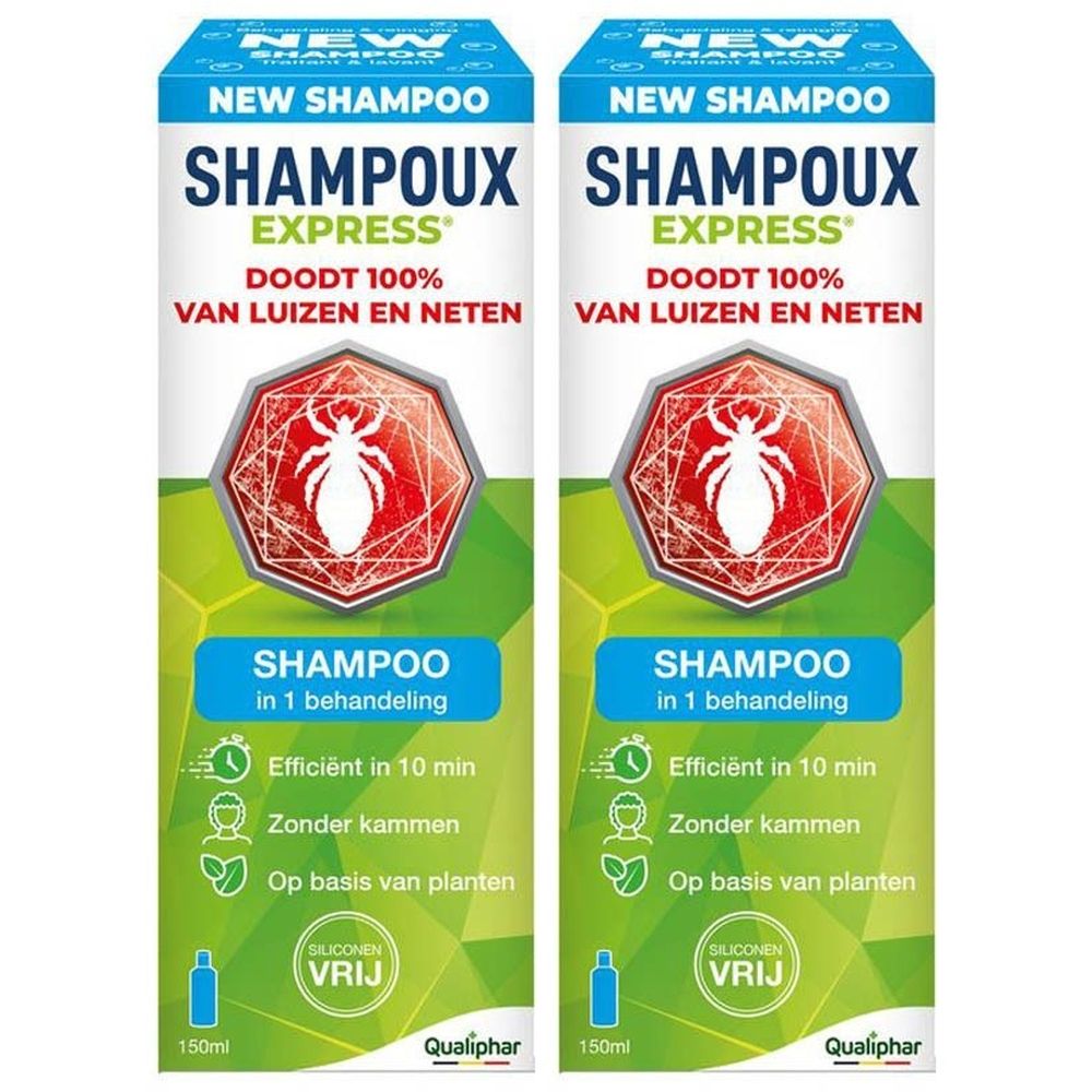 Twee verpakkingen Shampoux Express Shampoo. Witte tekst op blauwe en groene achtergrond. Rood embleem met insect.