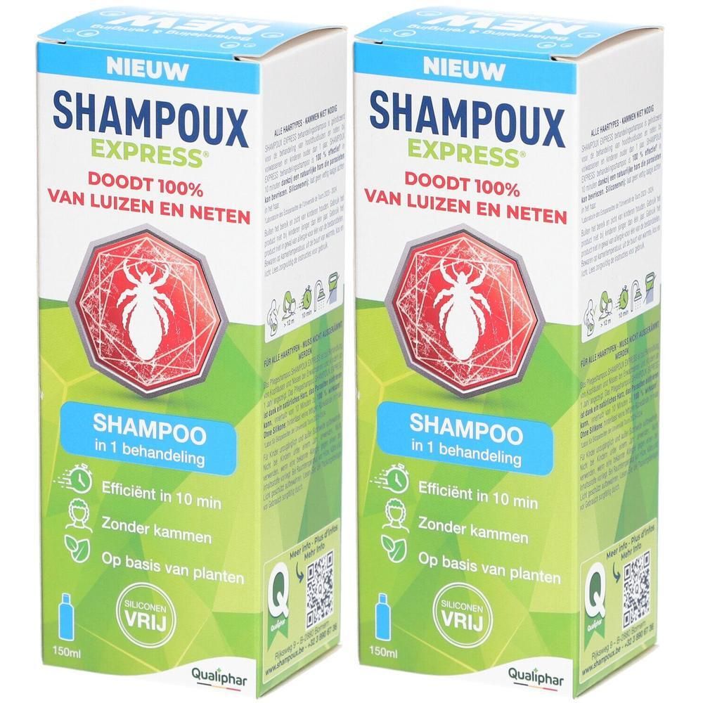 Twee dozen groene en witte shampoo. Opschrift: SHAMPOUX EXPRESS, doodt 100% van luizen en neten. Logo en tekst in het Nederlands.