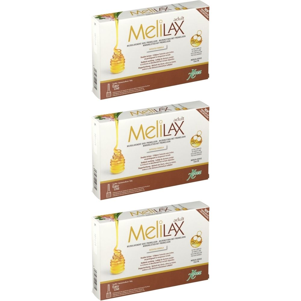 Drie dozen met productnaam Melilax. Opschrift 'adult'. Bruine en witte verpakking met gele elementen.