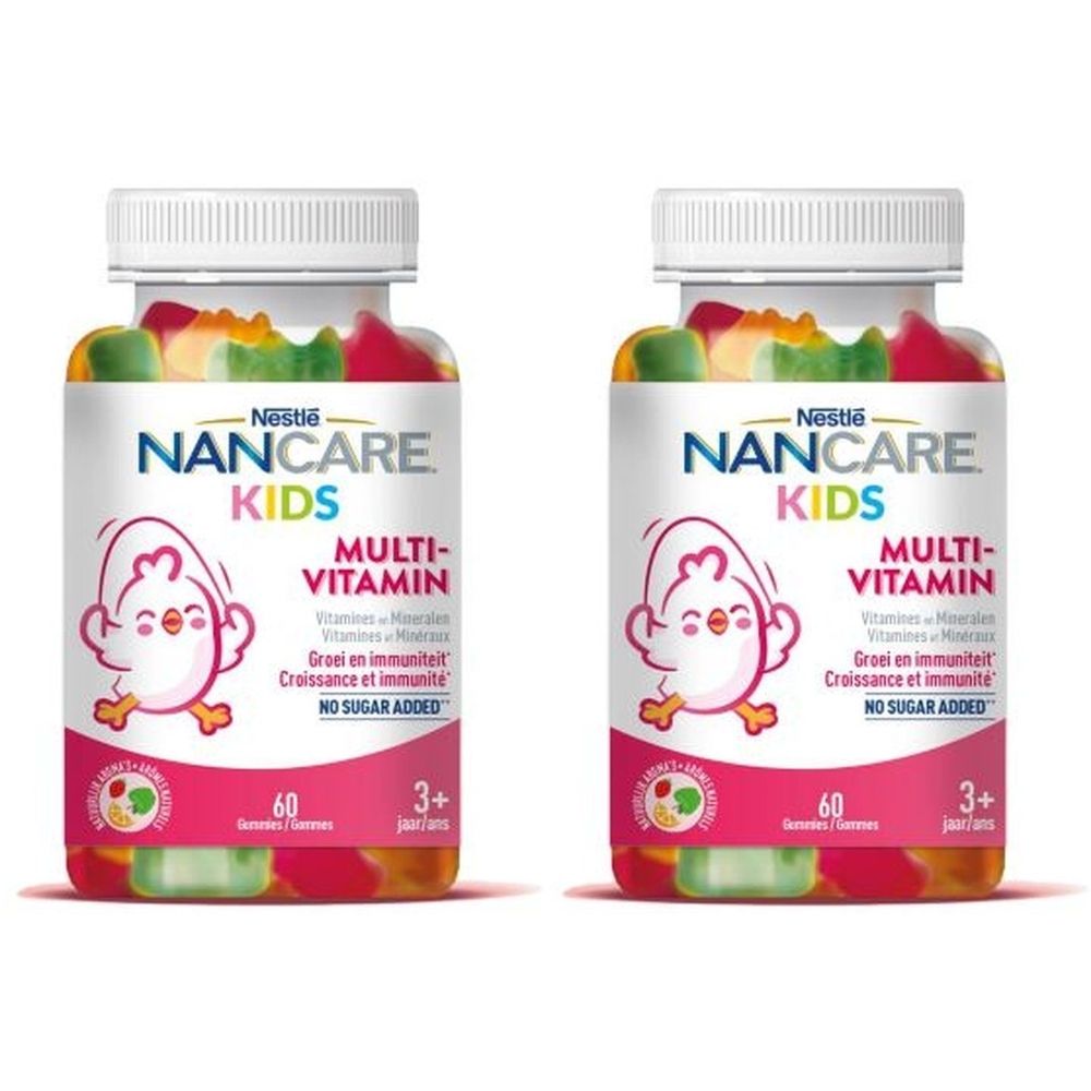 Deux flacons de Nestlé NANCARE KIDS Multi-vitamines. Inscription : Multi-vitamines, 60 gommes, 3+. Sans sucre ajouté.