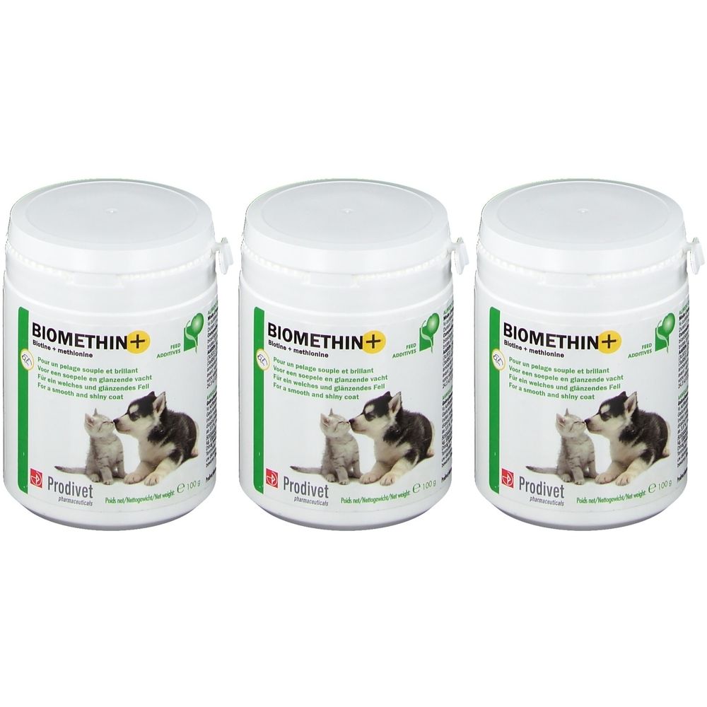 Drie witte potten met deksels. Opschrift Biomethin+. Illustratie van hond en kat. Merk Prodivet.