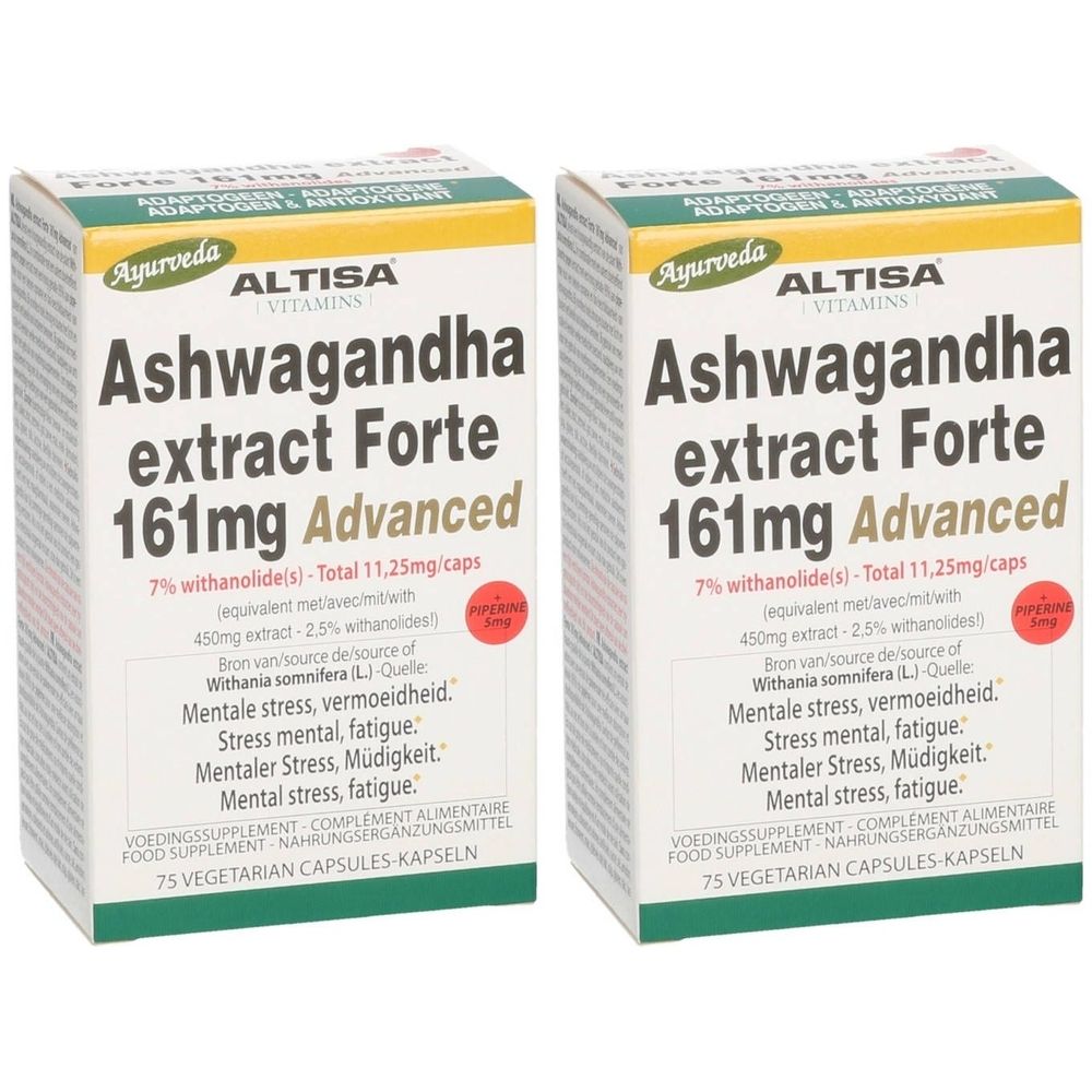 Deux boîtes d'Altisa Ashwagandha Extract Forte 161mg Advanced. Inscription : 75 gélules végétales. Ayurveda.