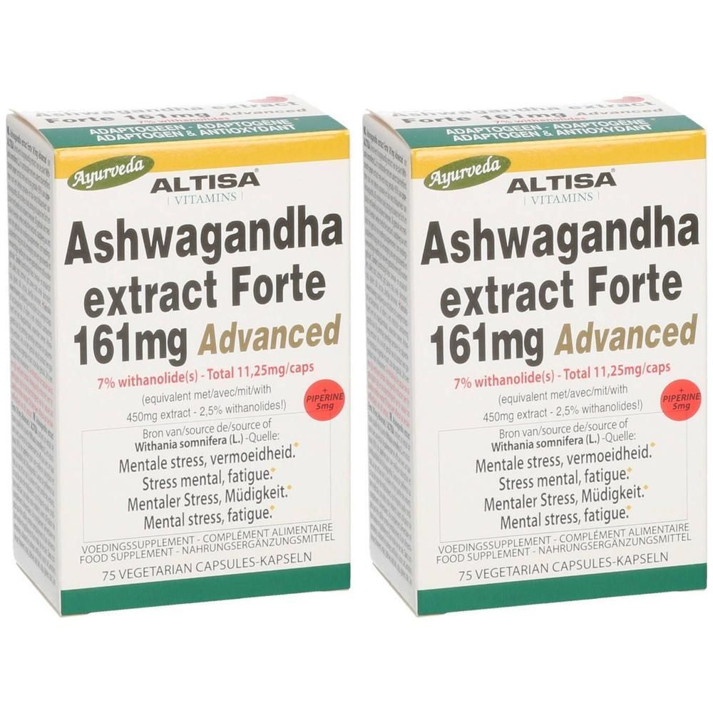 Twee dozen ALTISA Ashwagandha Extract Forte. Tekst: Ashwagandha extract Forte 161mg Advanced. 75 capsules.