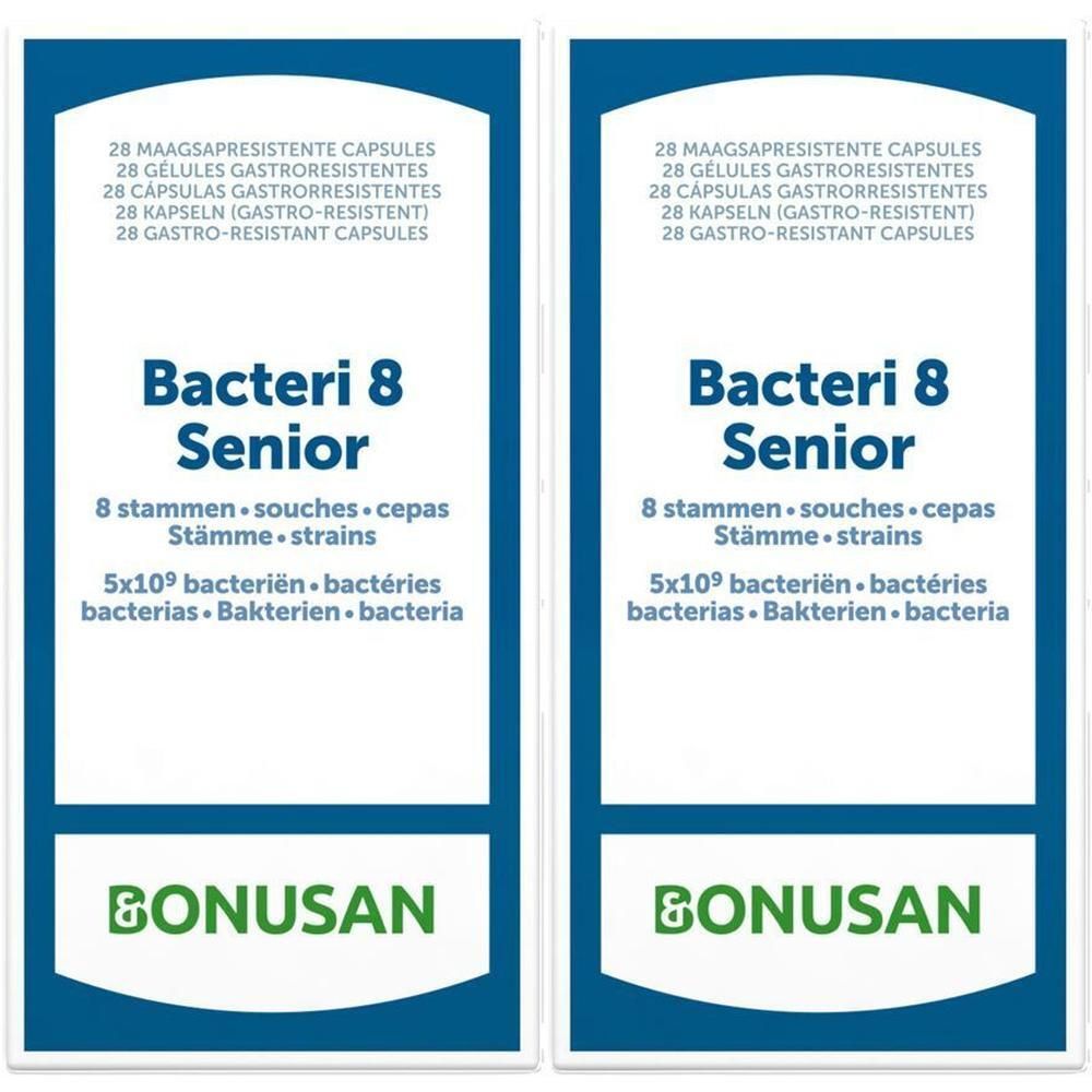 Verpakking van BONUSAN Bacteri 8 Senior. Blauw-witte doos met productnaam en logo. Bevat 28 capsules.