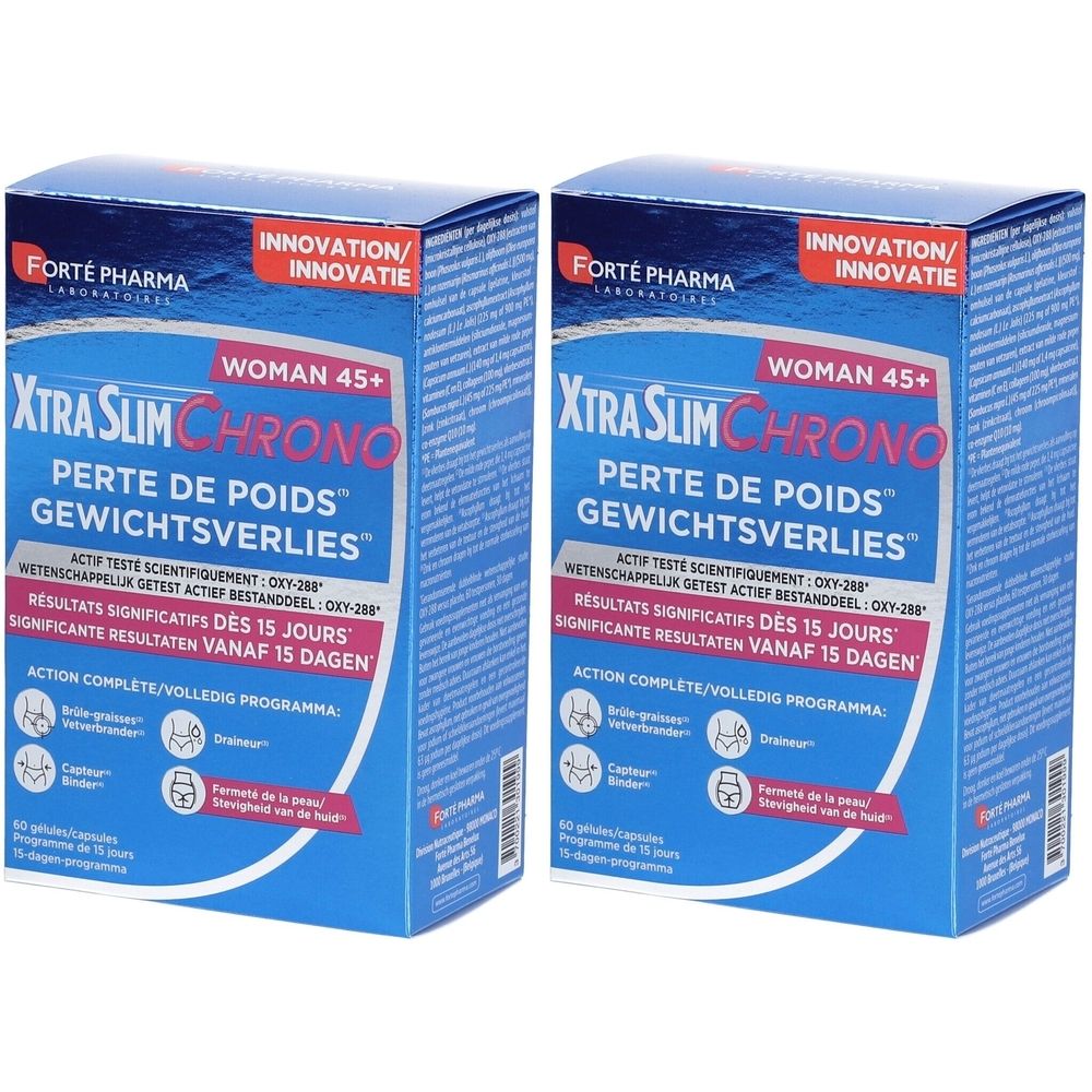 Twee blauwe dozen met XtraSlim Chrono, Woman 45+. Tekst in het Frans en Nederlands. Merk: Forté Pharma.