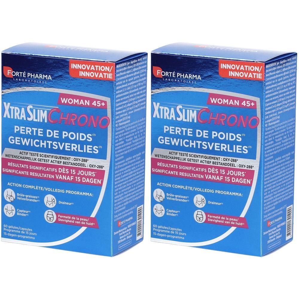 Twee blauwe dozen met "XtraSlim Chrono Woman 45+". Bevat capsules. Merk: Forté Pharma.
