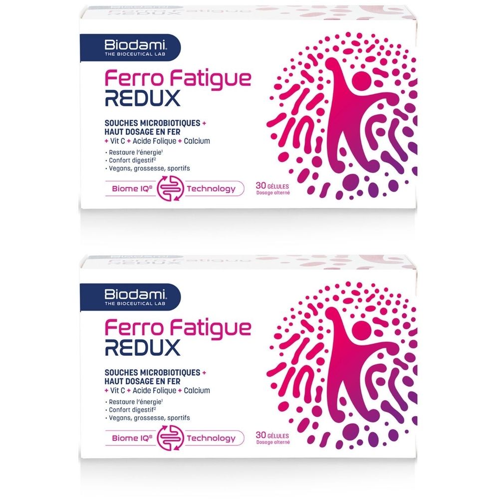 Deux boîtes de Biodami Ferro Fatigue Redux. Inscription : souches microbiotiques, fer à haute dose, Vit C, acide folique, calcium. 30 gélules.