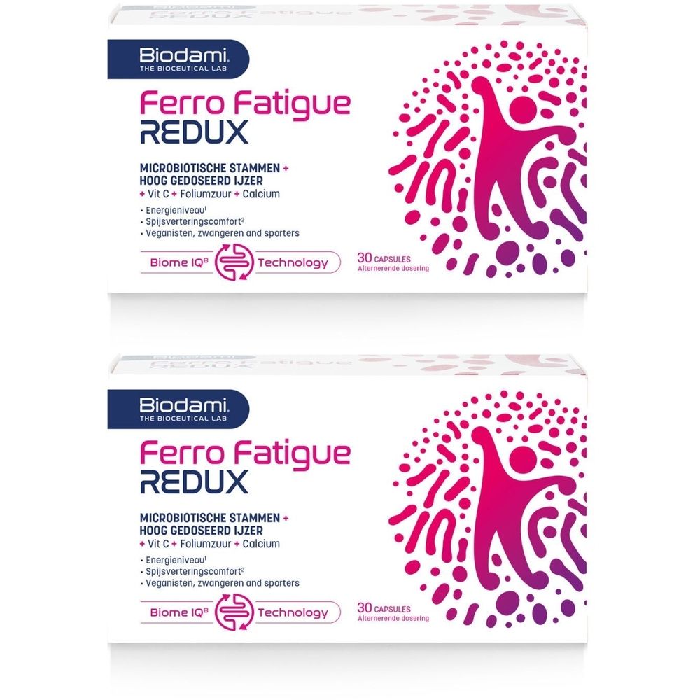 Twee dozen Biodami Ferro Fatigue Redux. Opschrift: microbiotische stammen, hoog gedoseerd ijzer, Vit C, foliumzuur, calcium. 30 capsules.