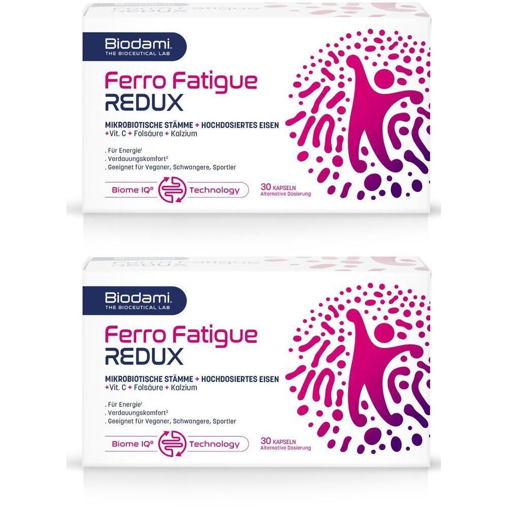 Twee dozen Biodami Ferro Fatigue Redux. Opschrift: IJzer + Vit C + microbische stammen bij vermoeidheid. 30 capsules.